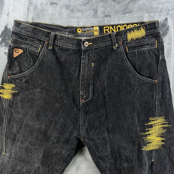 Akademiks Jeans Baggy Denim Men 40 x 35 Vintage Y2K Rap Hip Hop Black Gray Gold - Picture 5 of 16
